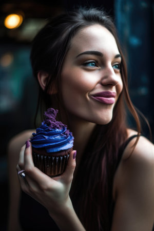 a young woman enjoying the taste of her blueberry cupcake, created with generative aiの素材