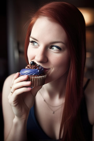 a young woman enjoying the taste of her blueberry cupcake, created with generative aiの素材