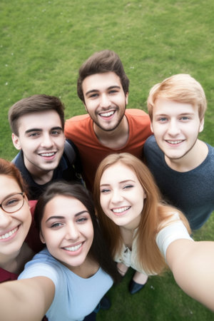 high angle portrait of a group of happy university students standing together on campus, created with generative aiの素材
