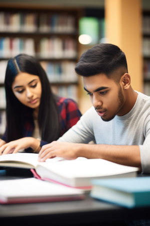 closeup shot of two university students studying together in a campus library, created with generative aiの素材