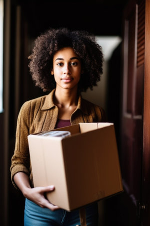 shot of a young woman carrying her belongings in a box, created with generative aiの素材