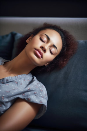 shot of a young woman sleeping on a couch at home, created with generative aiの素材