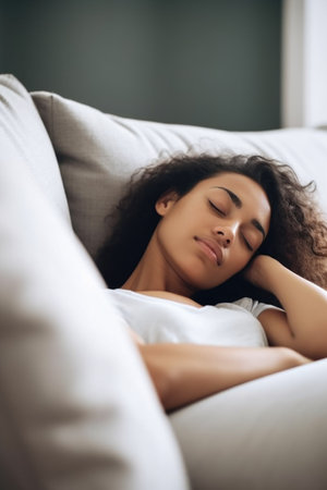 shot of a young woman sleeping on a couch at home, created with generative aiの素材