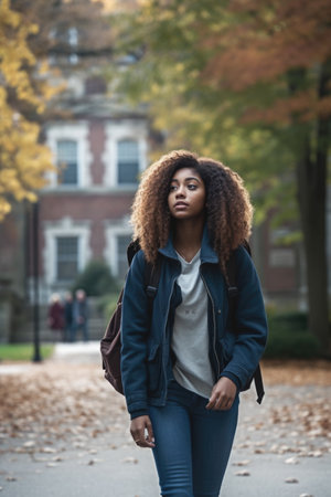 shot of a young female student walking across campus, created with generative aiの素材