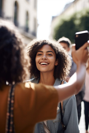 shot of a young woman using her cellphone to take pictures with friends outside, created with generative aiの素材