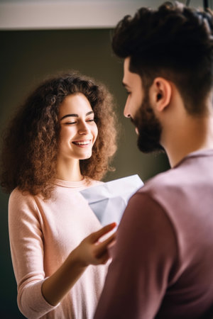 cropped shot of a young man handing his girlfriend an envelope, created with generative aiの素材