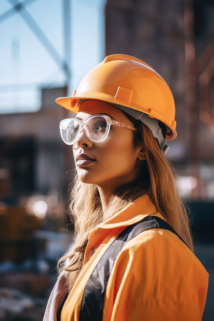 shot of a young woman wearing a hard hat while standing outside on site, created with generative aiの素材