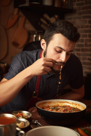 shot of a young man tasting his own cooking, created with generative aiの素材