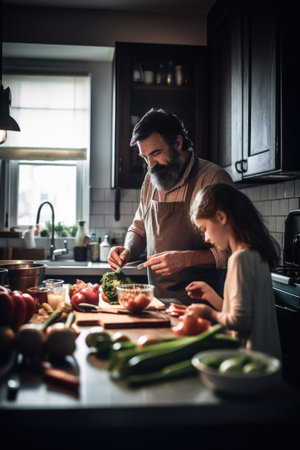 shot of a man and his daughter preparing food in the kitchen, created with generative aiの素材