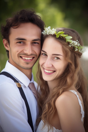 portrait of a happy newlywed couple on their wedding day, created with generative aiの素材