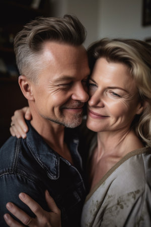 close up of a married couple embracing in their living room, created with generative aiの素材