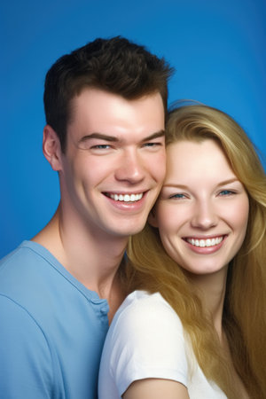 portrait of a happy young couple standing together against a blue background, created with generative aiの素材