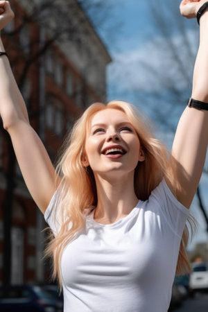 high angle shot of a young woman cheering while standing with her arms raised outdoors, created with generative aiの素材