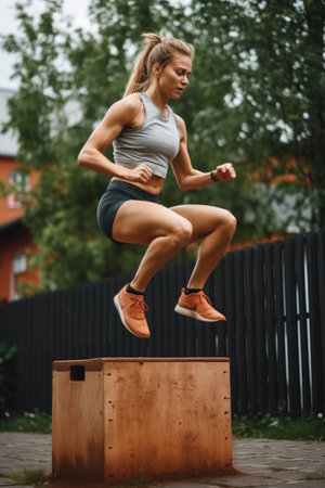 shot of an unknown young woman doing box jumps while exercising outside, created with generative aiの素材