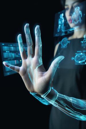 hands of futuristic woman using a remote control with holographic screen, created with generative aiの素材
