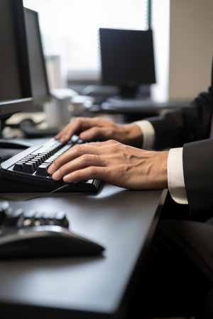 closeup hands of a businessman typing on his keyboard while working in an office, created with generative aiの素材