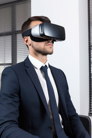 cropped shot of a businessman using his virtual reality headset, created with generative aiの素材