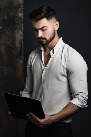 portrait of a handsome young man using his laptop while standing against a grey wall, created with generative aiの素材