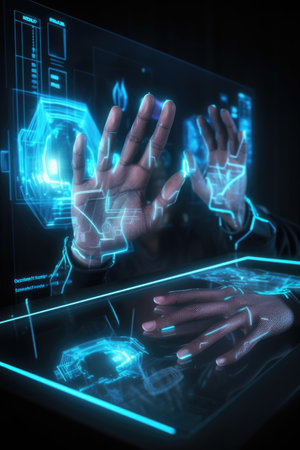 mixed reality, collaboration and hands with computer hologram for cyber design or futuristic coding, created with generative aiの素材