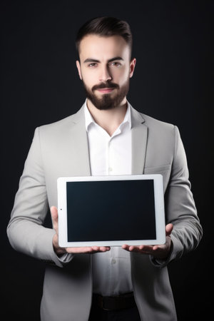 handsome man holding up a tablet with a digital overlay with copyspace, created with generative aiの素材