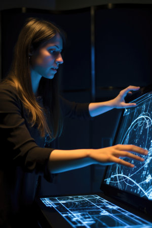 woman using a laptop with graphical interface projected onto it, created with generative aiの素材