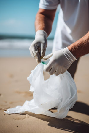 shot of a man attaching plastic bags to his wrist while out cleaning the beach, created with generative aiの素材