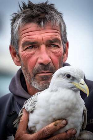 shot of a man holding an injured seagull, created with generative aiの素材