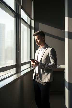 a young businessman using his phone while standing alone in the office, created with generative aiの素材