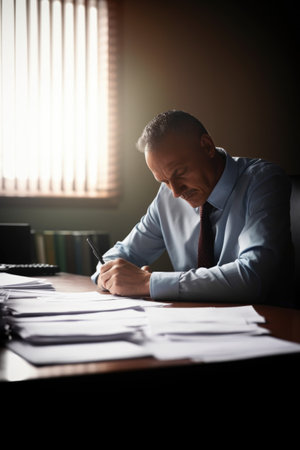 cropped shot of a businessman doing paperwork at his desk, created with generative aiの素材