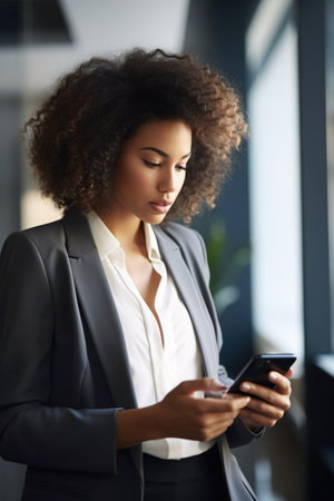 cropped shot of a young businesswoman using her cellphone in the office, created with generative aiの素材