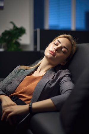 shot of a young woman sleeping on the couch in an office at work, created with generative aiの素材