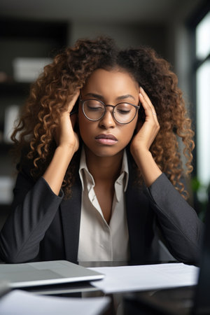 cropped shot of a young businesswoman looking stressed out while working in an office, created with generative aiの素材