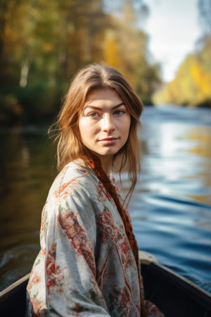 a young woman standing in a canoe on the river, created with generative aiの素材