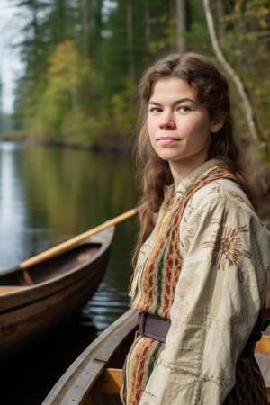 a young woman standing beside her canoe, created with generative aiの素材