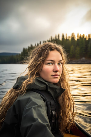 a young woman in a kayak with the canadian wilderness as her backdrop, created with generative aiの素材