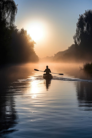 a young man paddling his kayak along a river in the early morning, created with generative aiの素材