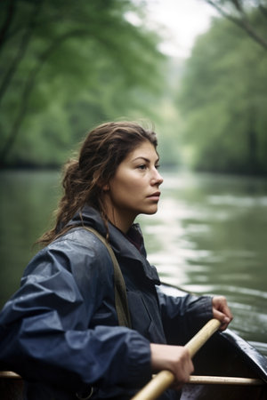 a young woman canoeing along a river, created with generative aiの素材