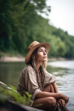 relax, woman and portrait in nature for travel adventure on a river for summer vacation, created with generative aiの素材