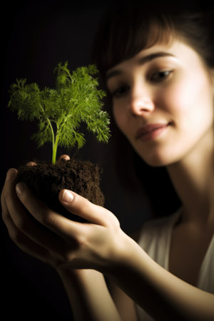 shot of a young woman holding a plant growing out of soil, created with generative aiの素材