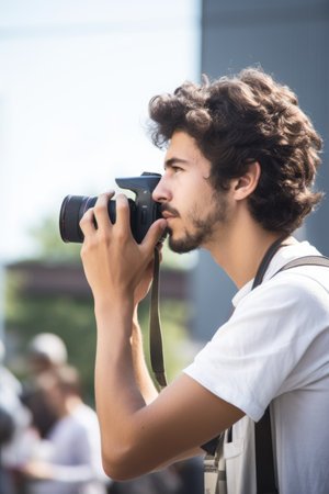shot of a young man taking photographs during a protest outside an industrial complex, created with generative aiの素材