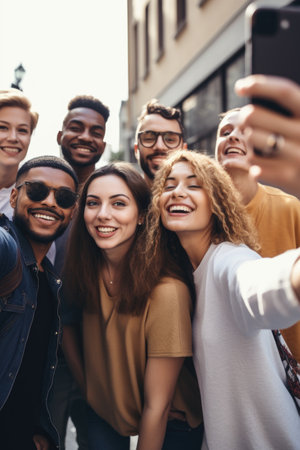 shot of a group of people taking a selfie while standing outside, created with generative aiの素材