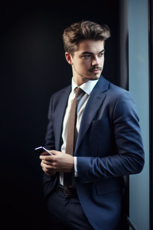 portrait of a young businessman using his mobile phone in a modern office, created with generative aiの素材