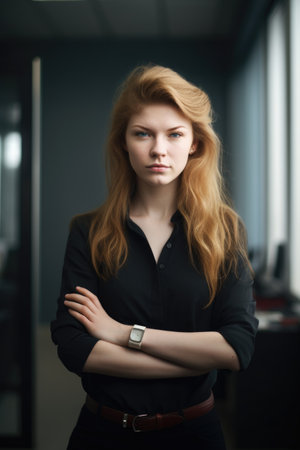 portrait of a young woman standing in an empty office with her arms crossed, created with generative aiの素材