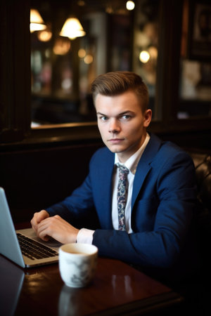 portrait of a handsome young businessman working on his laptop at a cafe, created with generative aiの素材