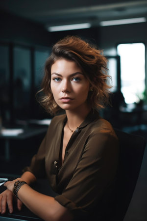 portrait of a young woman working in a modern office, created with generative aiの素材
