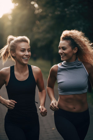 shot of two friends jogging together in the morning, created with generative aiの素材