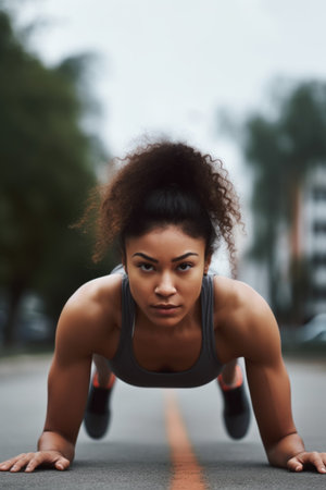 shot of a sporty young woman doing pushups outdoors, created with generative aiの素材