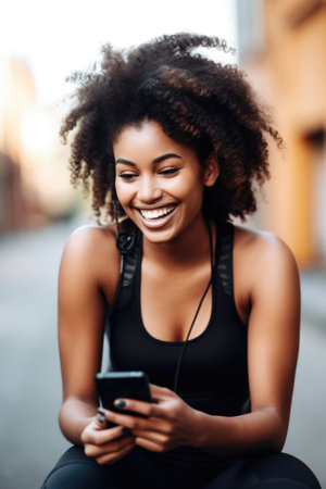 sports, happy and black woman with phone for health, fitness or workout on road, created with generative aiの素材