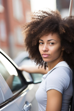 closeup of a female athlete leaning against her car while exercising outdoors, created with generative aiの素材
