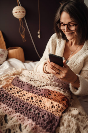 crocheting, phone and woman in a home with relax, peace or happy mood while she works on a project, created with generative aiの素材